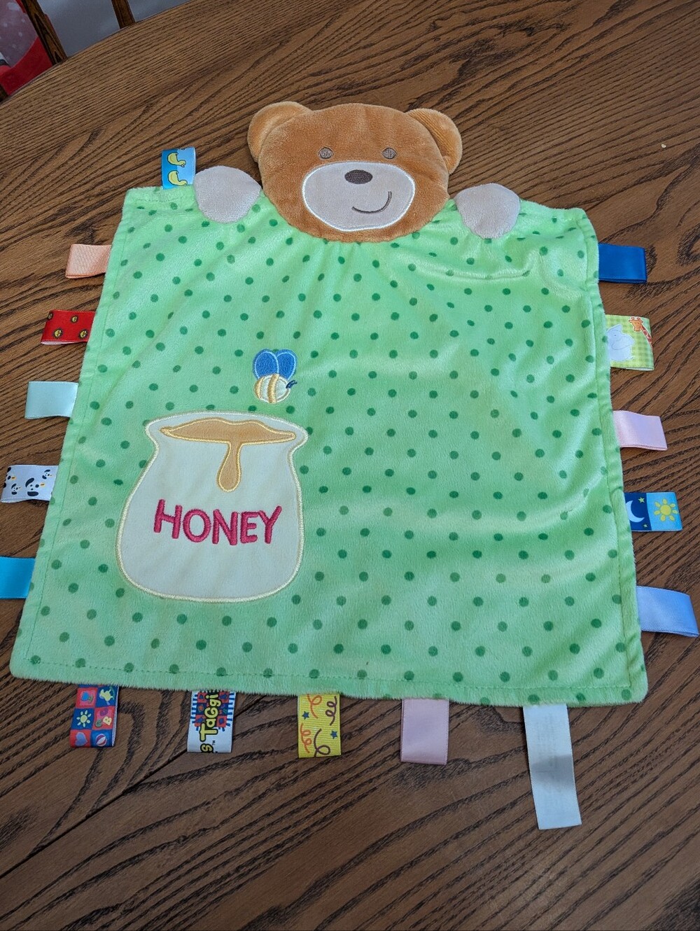 Taggies Security blanket Lovey . Satin Tags. Flat. Bear And honey Jar Graphics.